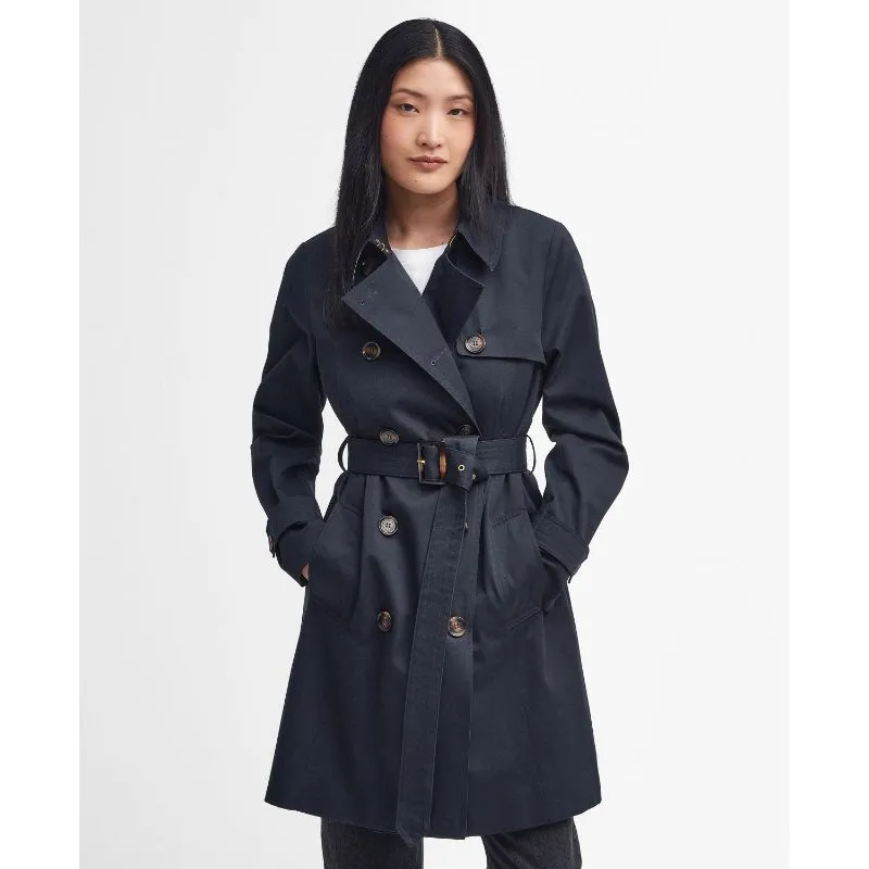 Barbour Short Greta Ladies Showerproof Trench - Dark Navy/Primrose Hessian