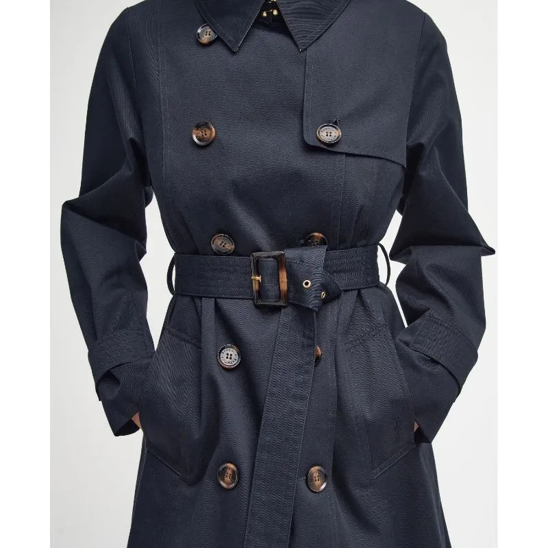 Barbour Short Greta Ladies Showerproof Trench - Dark Navy/Primrose Hessian