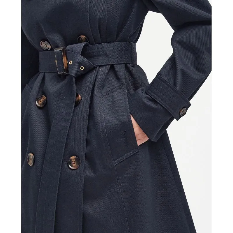 Barbour Short Greta Ladies Showerproof Trench - Dark Navy/Primrose Hessian