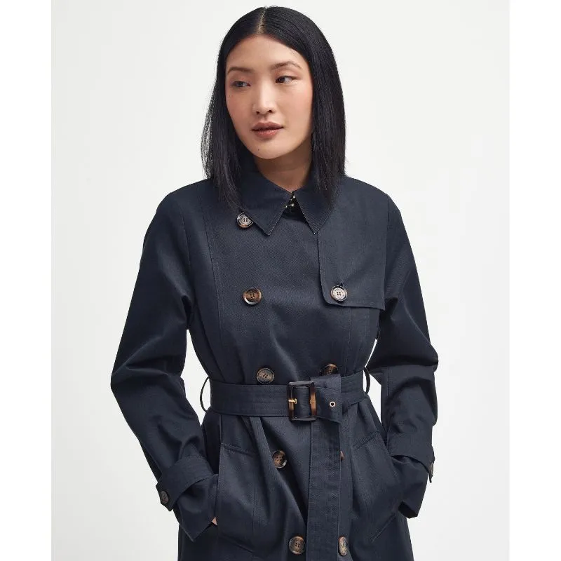 Barbour Short Greta Ladies Showerproof Trench - Dark Navy/Primrose Hessian