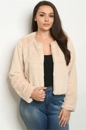 Beige Long Sleeve Plus Size Faux Fur Jacket