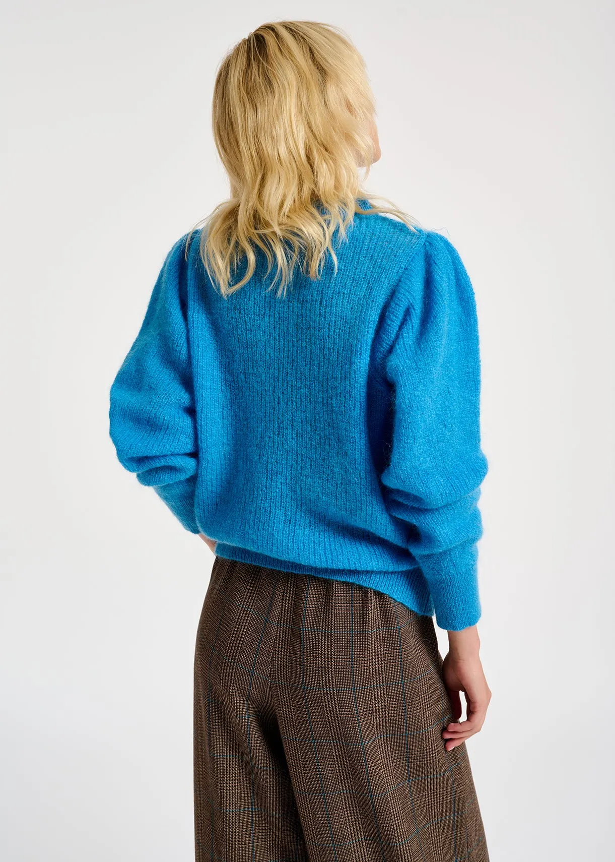 Blue mohair-blend knit sweater with puffed shoulders