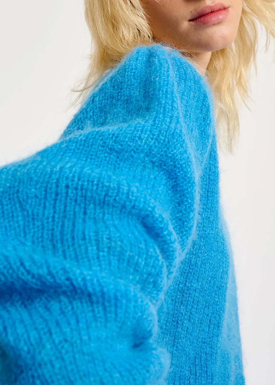 Blue mohair-blend knit sweater with puffed shoulders