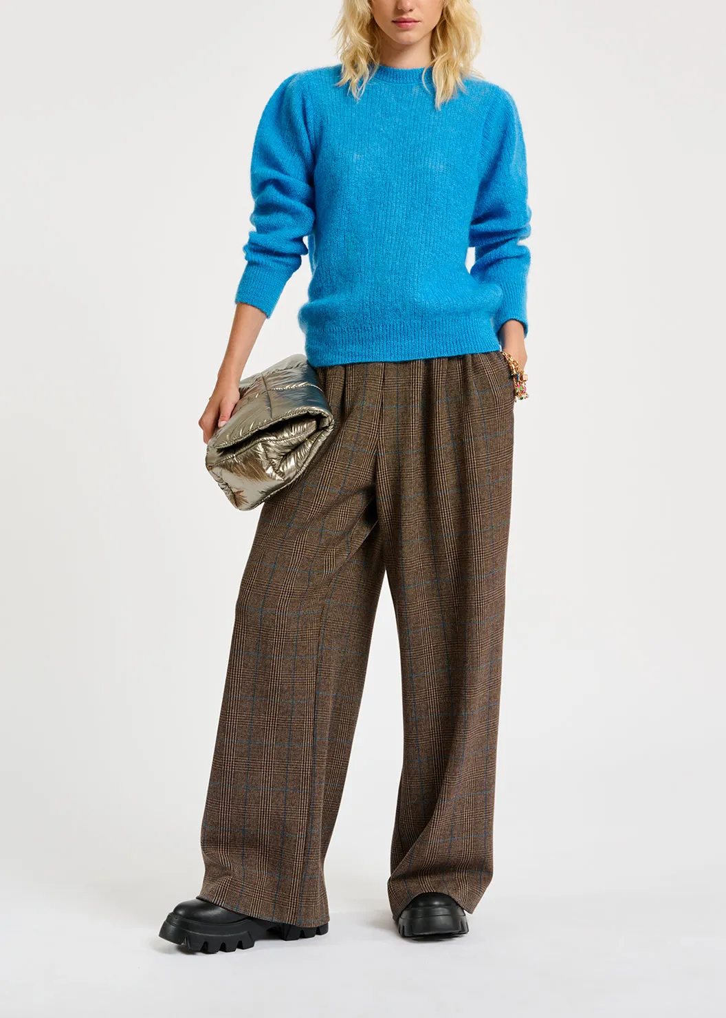 Blue mohair-blend knit sweater with puffed shoulders