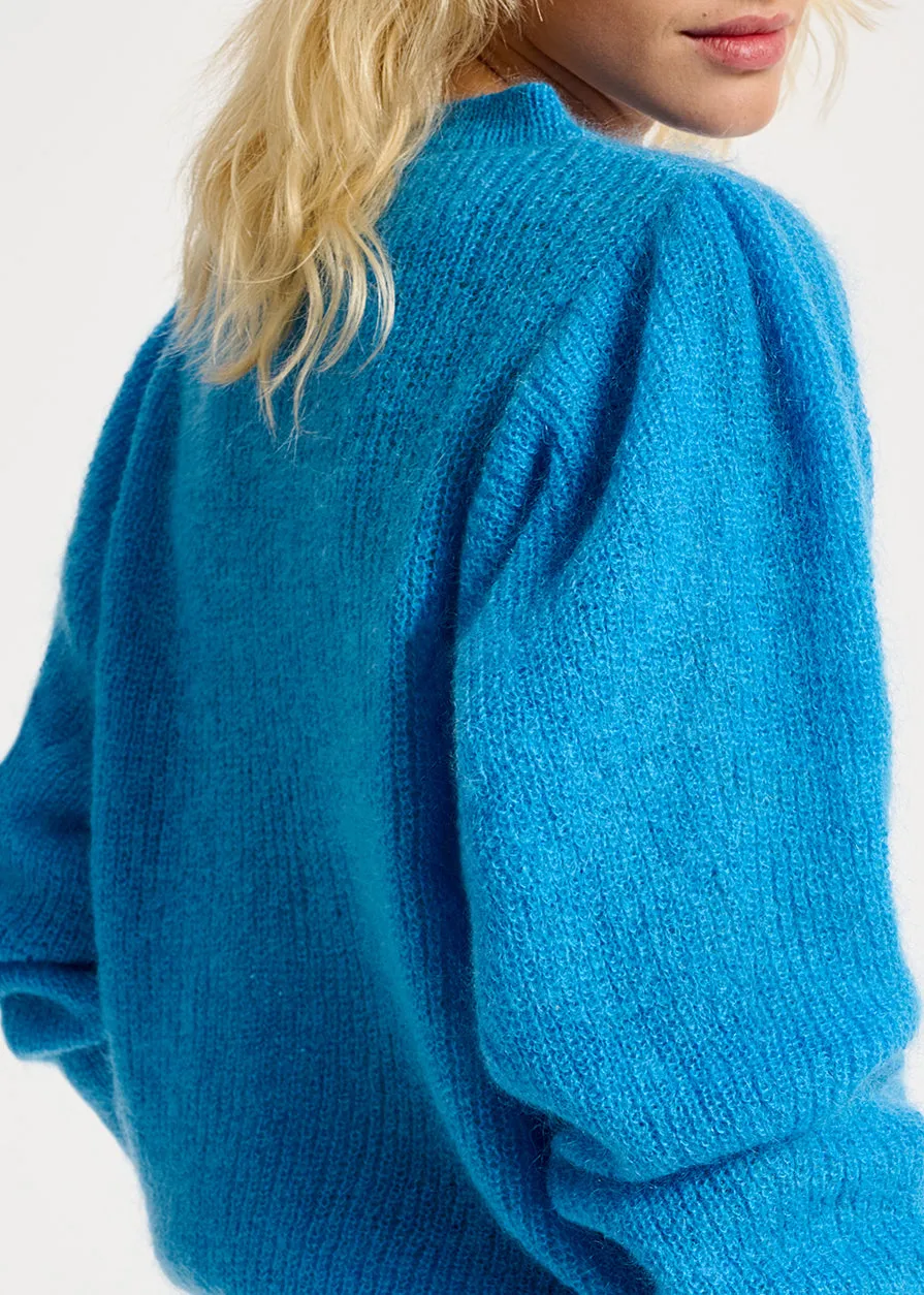 Blue mohair-blend knit sweater with puffed shoulders