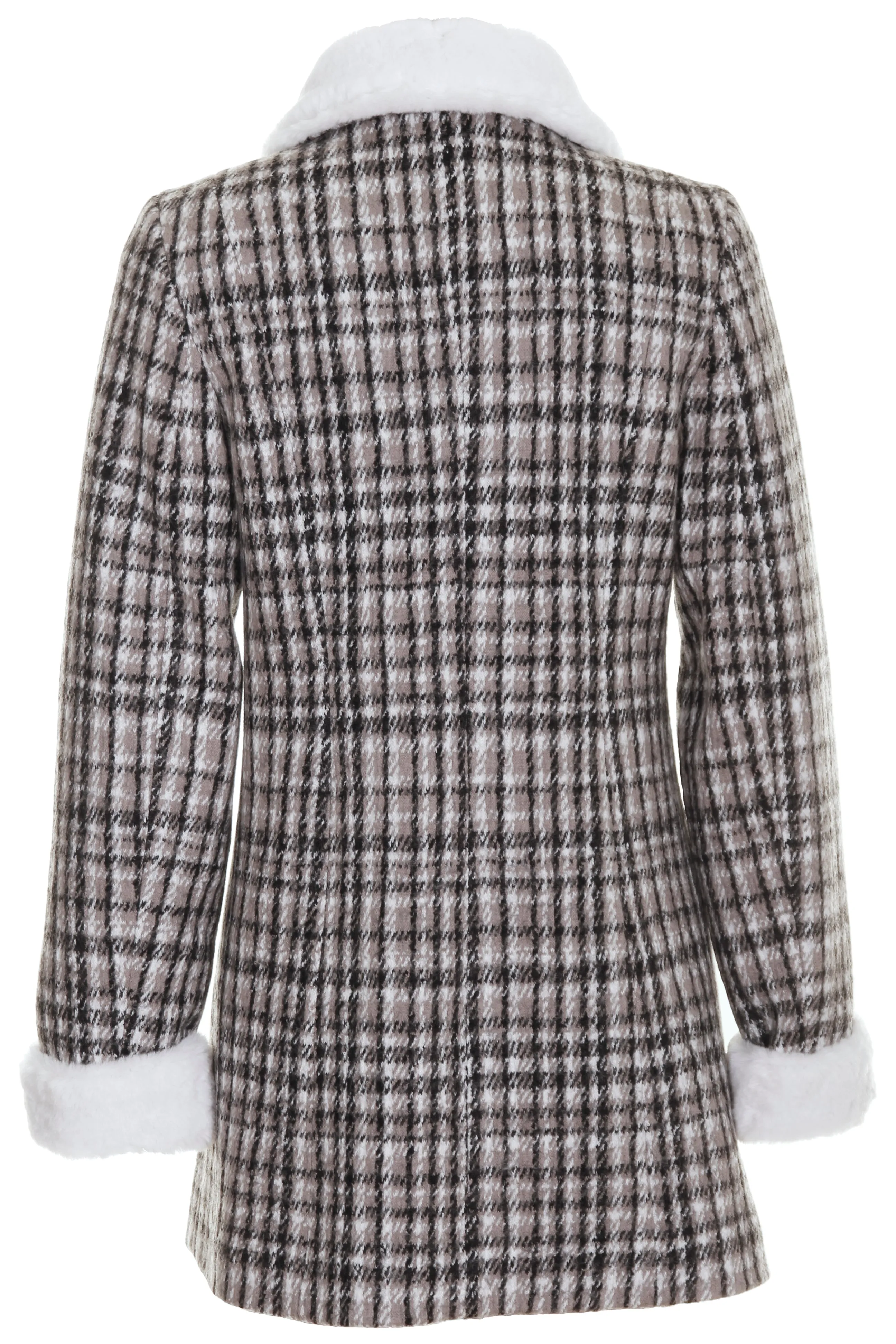 Busy Womens Check Wool Blend Coat with Faux Fur Collar