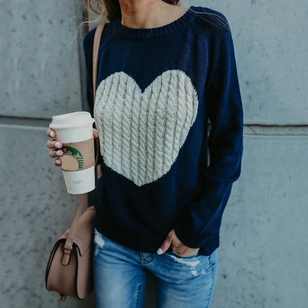 Casual Crew Neck Cable Heart Long Sleeve Knit Sweater