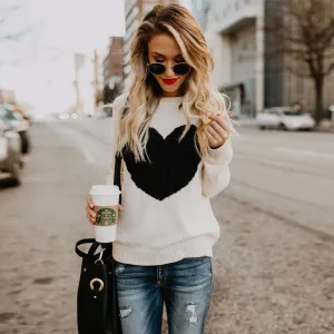 Casual Crew Neck Cable Heart Long Sleeve Knit Sweater