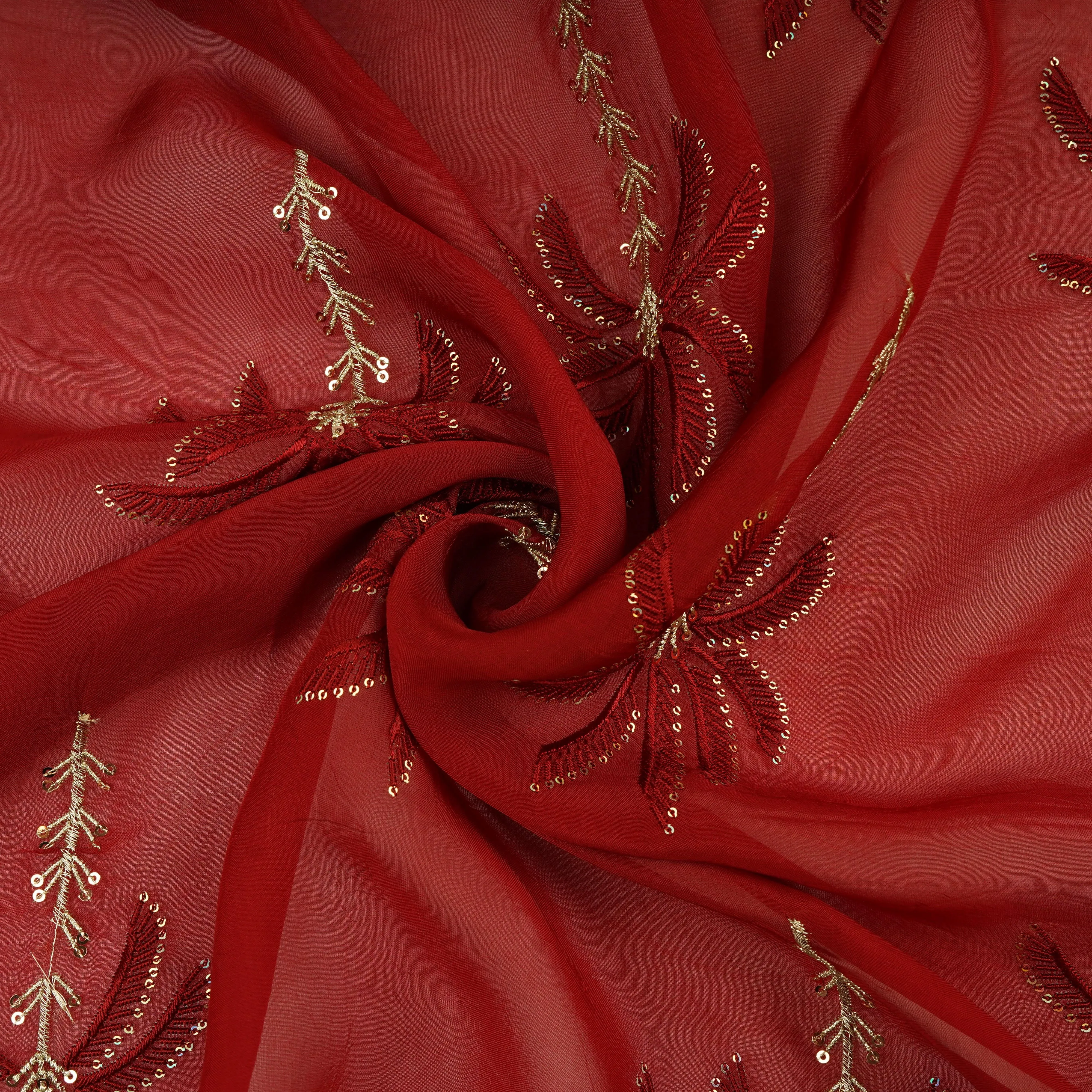 Dark Red Thread Sequins Embroidery Organza Fabric 20857