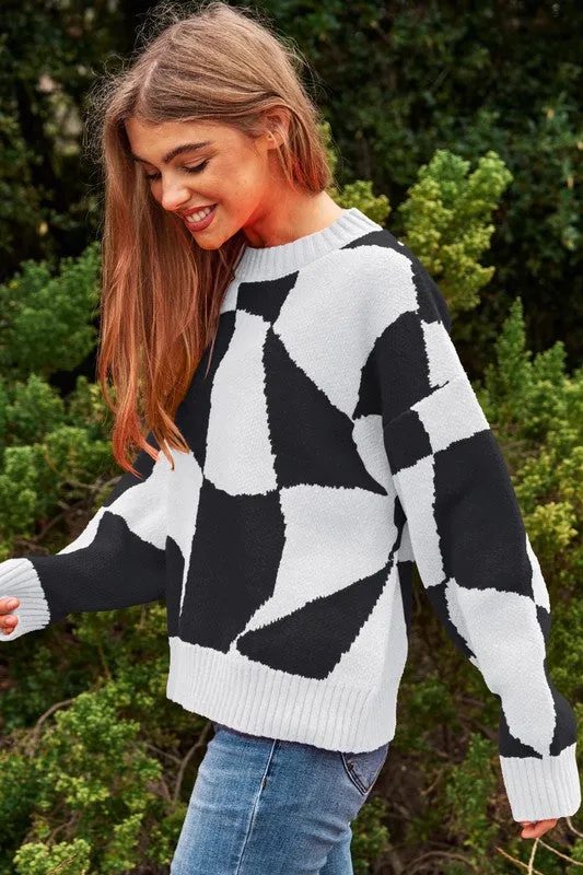 Davi & Dani Multi Geo Checker Pullover Knit Sweater