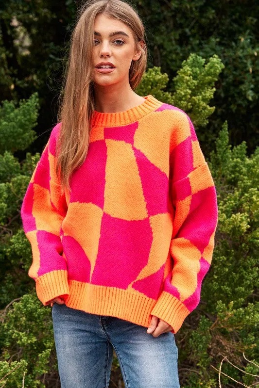 Davi & Dani Multi Geo Checker Pullover Knit Sweater