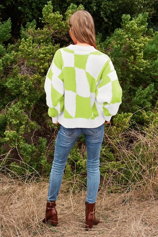 Davi & Dani Multi Geo Checker Pullover Knit Sweater