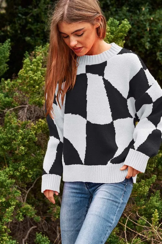 Davi & Dani Multi Geo Checker Pullover Knit Sweater