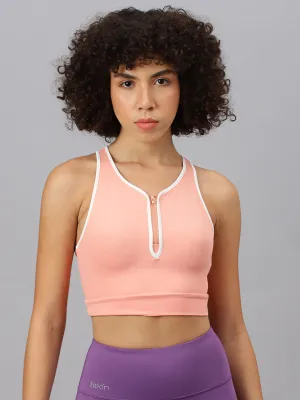 Fitkin women's peach round neck sleeveless front zipper crop tank top