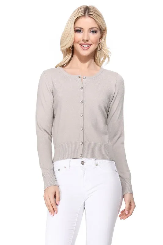 Gem Button Crew Neck Long Sleeve Sweater Cardigan