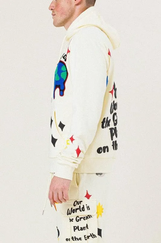 Graphic French Terry Pullover Hoodie In Cream