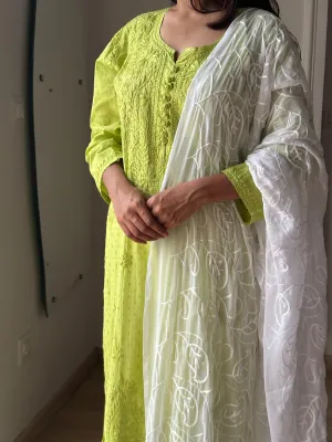 Green Luxe Cotton Chikankari Dyable Kurti Set with Aari Work Dupatta