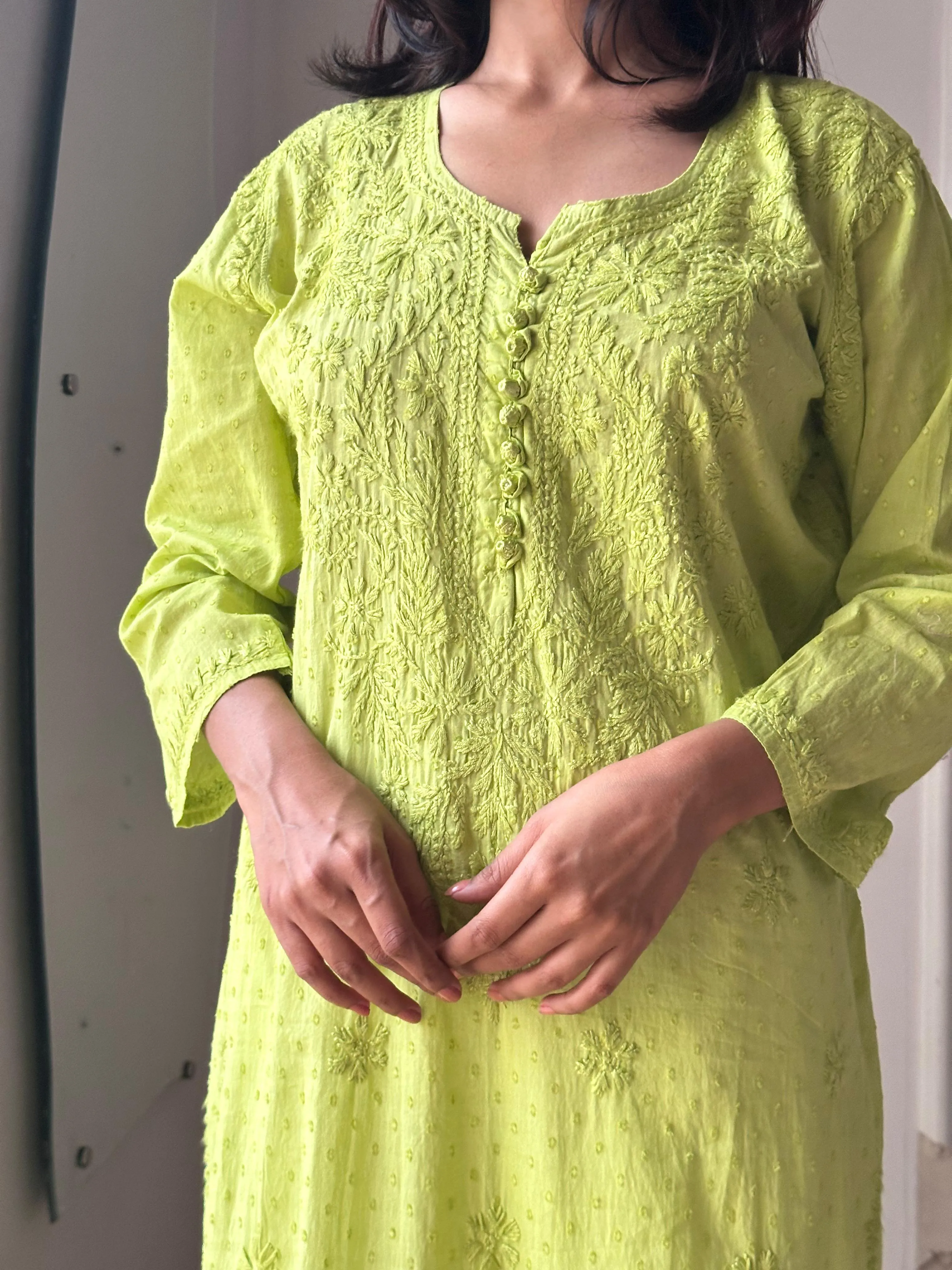 Green Luxe Cotton Chikankari Dyable Kurti Set with Aari Work Dupatta