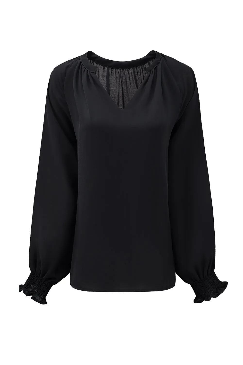 Green Pleated V Neck Puffy Sleeve Blouse