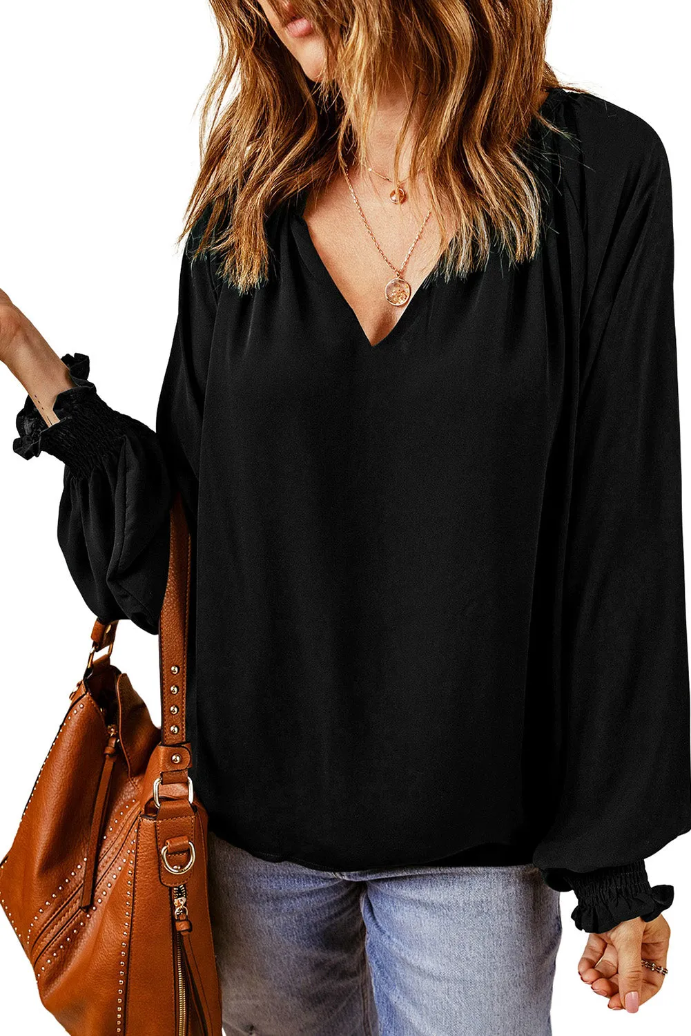 Green Pleated V Neck Puffy Sleeve Blouse