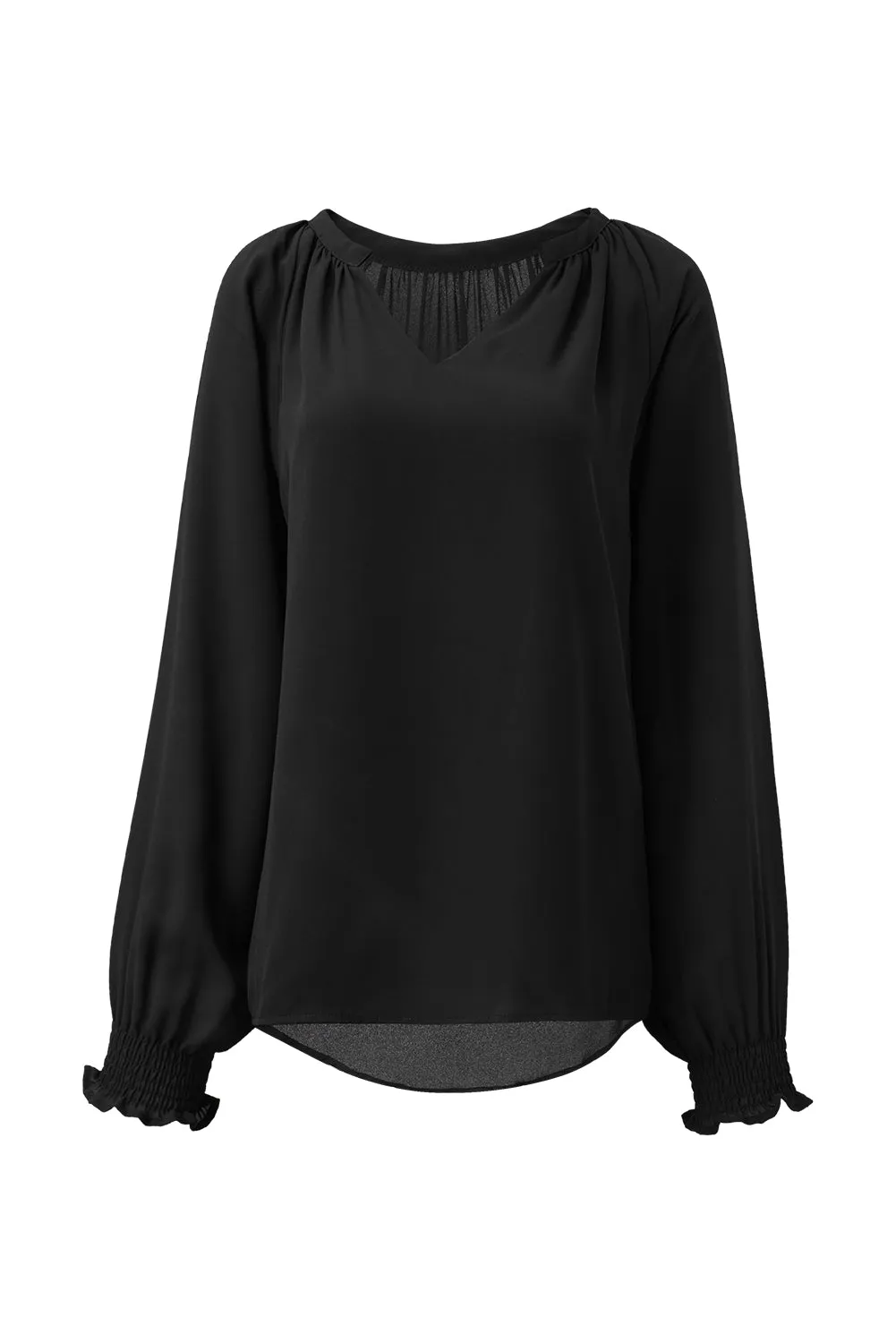 Green Pleated V Neck Puffy Sleeve Blouse