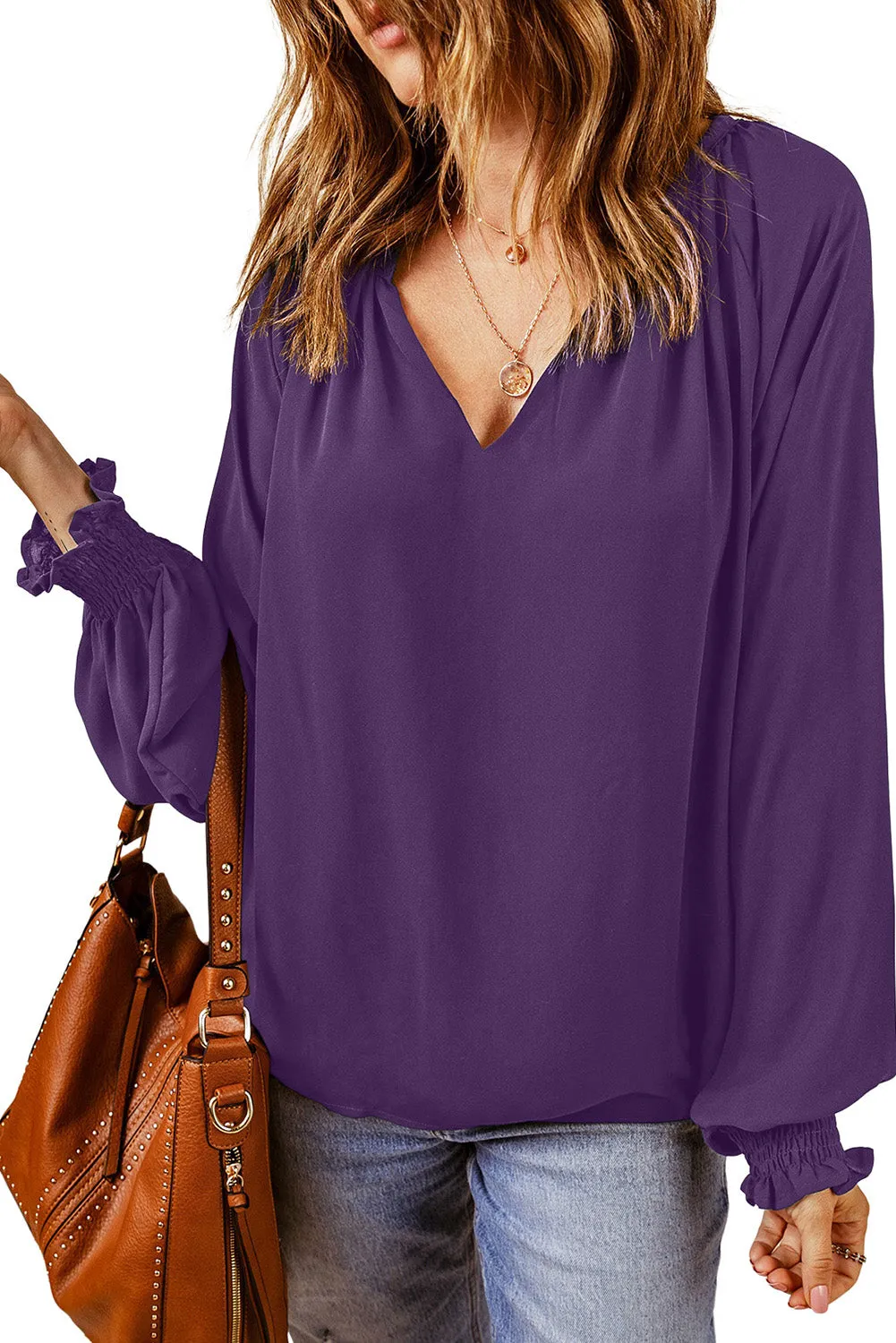 Green Pleated V Neck Puffy Sleeve Blouse