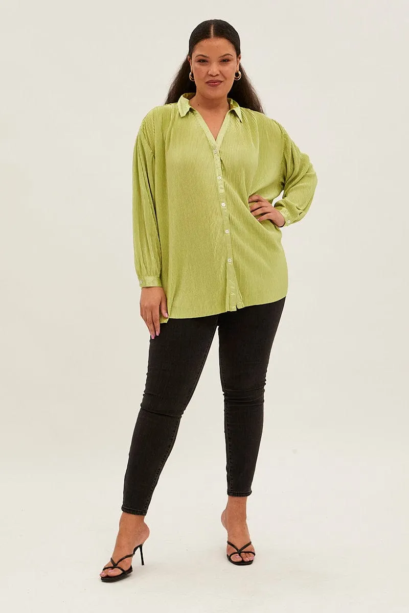 Green Relaxed Shirts Long Sleeve Plisse