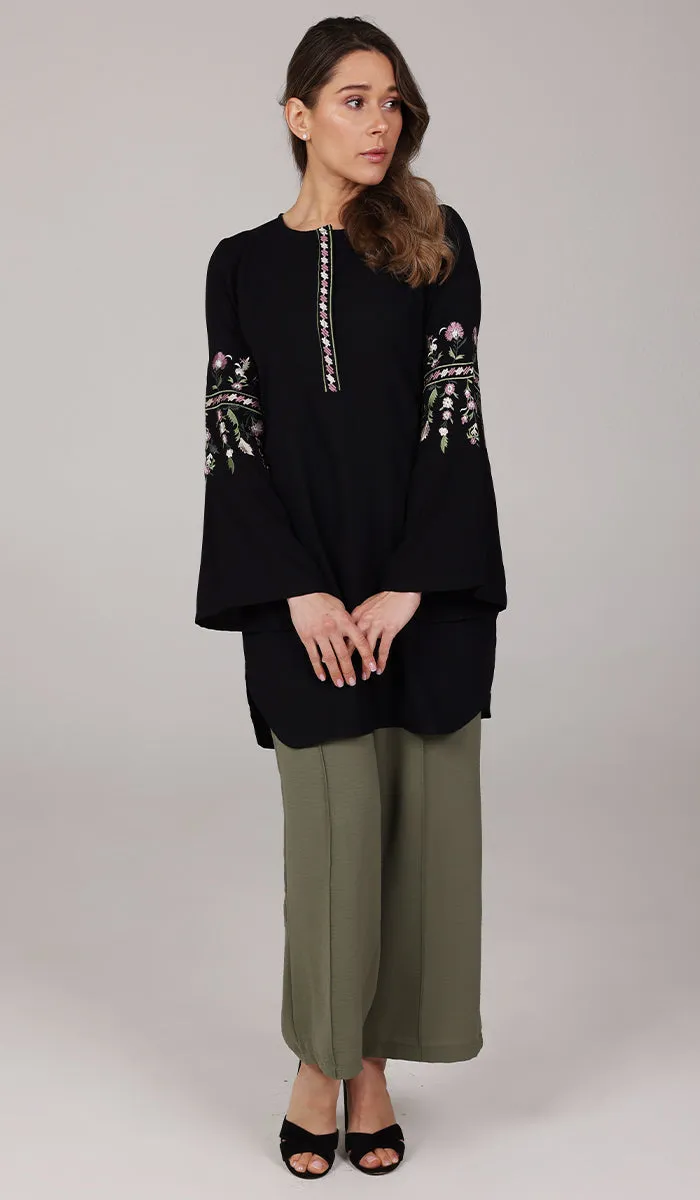 Gulzar Embroidered Long Modest Tunic - Black