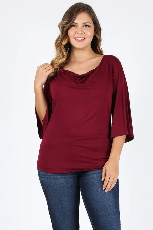 HI Curvy Plus size Women cowl neck basic 3/4 bell sleeves Shirts