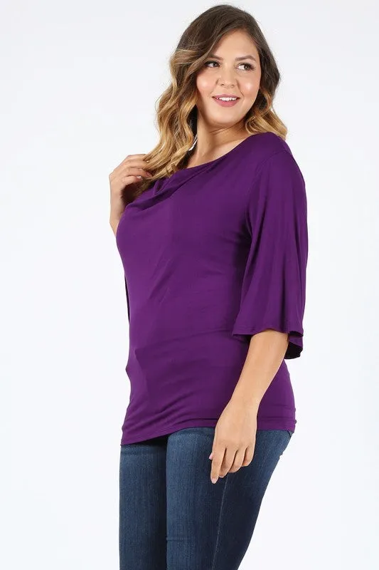 HI Curvy Plus size Women cowl neck basic 3/4 bell sleeves Shirts