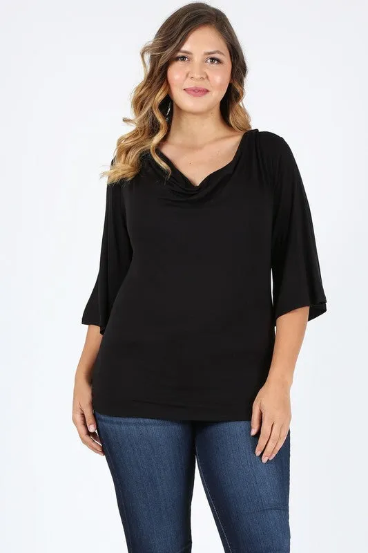 HI Curvy Plus size Women cowl neck basic 3/4 bell sleeves Shirts