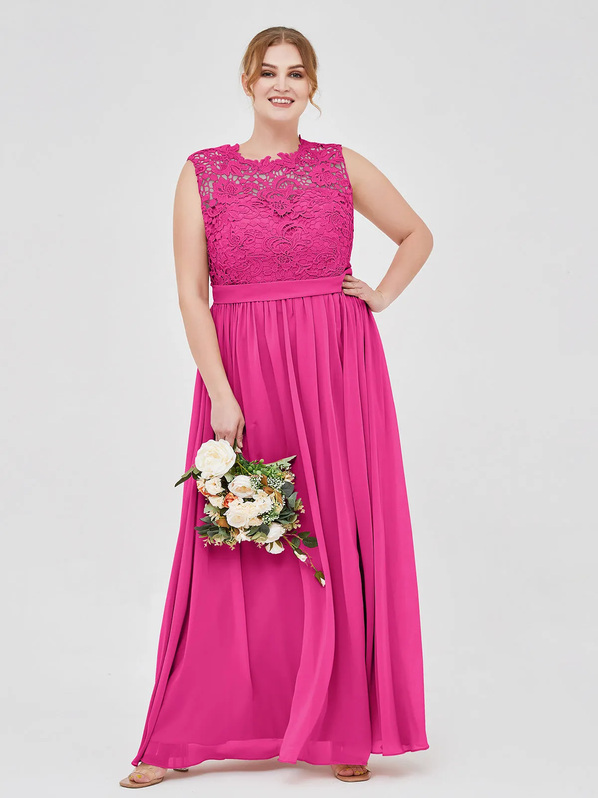 Illusion Neck Chiffon and Lace Dresses Fuchsia