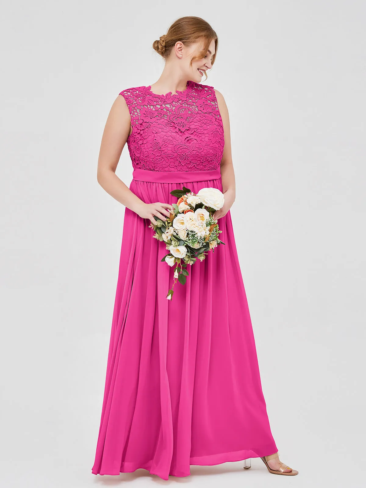 Illusion Neck Chiffon and Lace Dresses Fuchsia