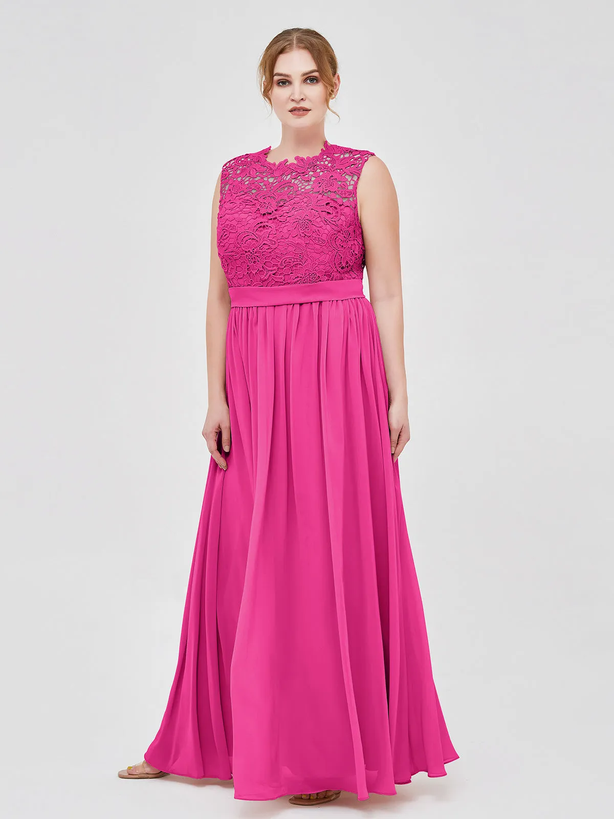 Illusion Neck Chiffon and Lace Dresses Fuchsia