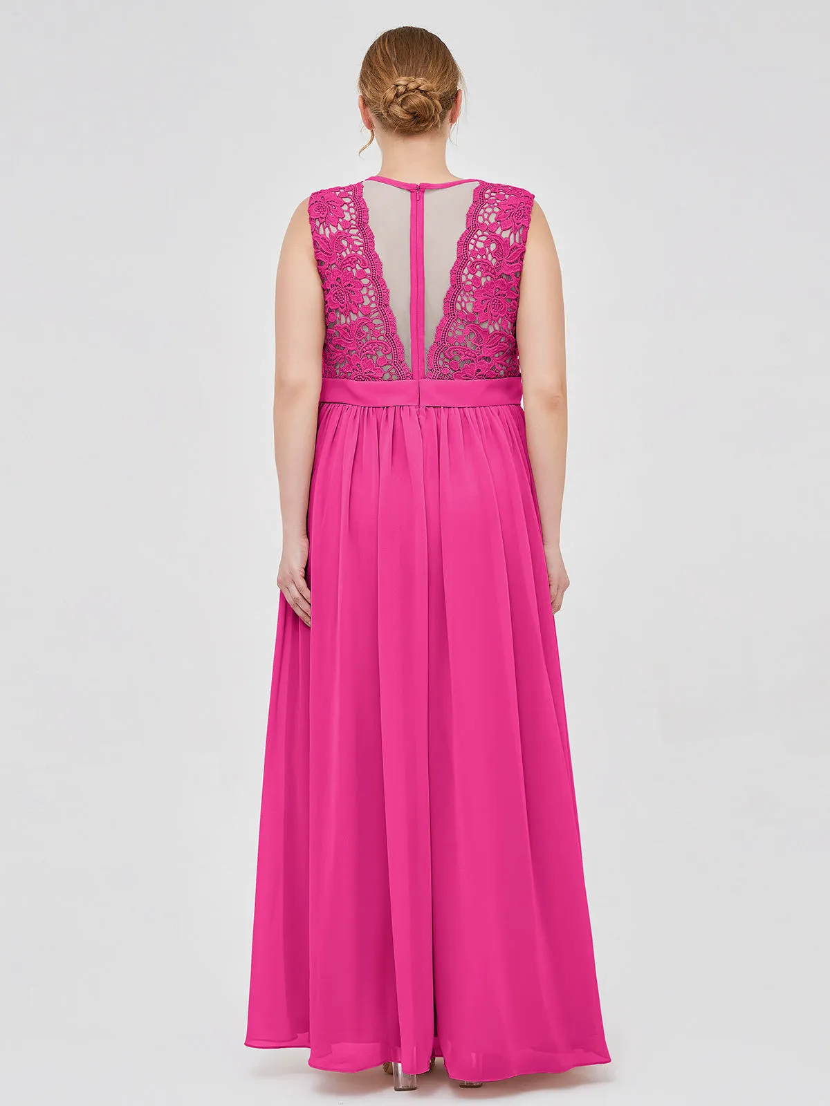 Illusion Neck Chiffon and Lace Dresses Fuchsia