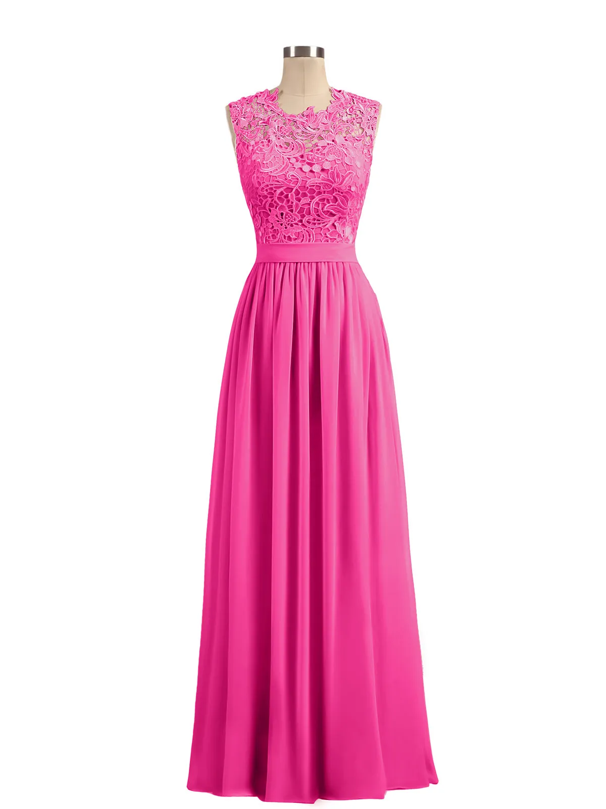 Illusion Neck Chiffon and Lace Dresses Fuchsia