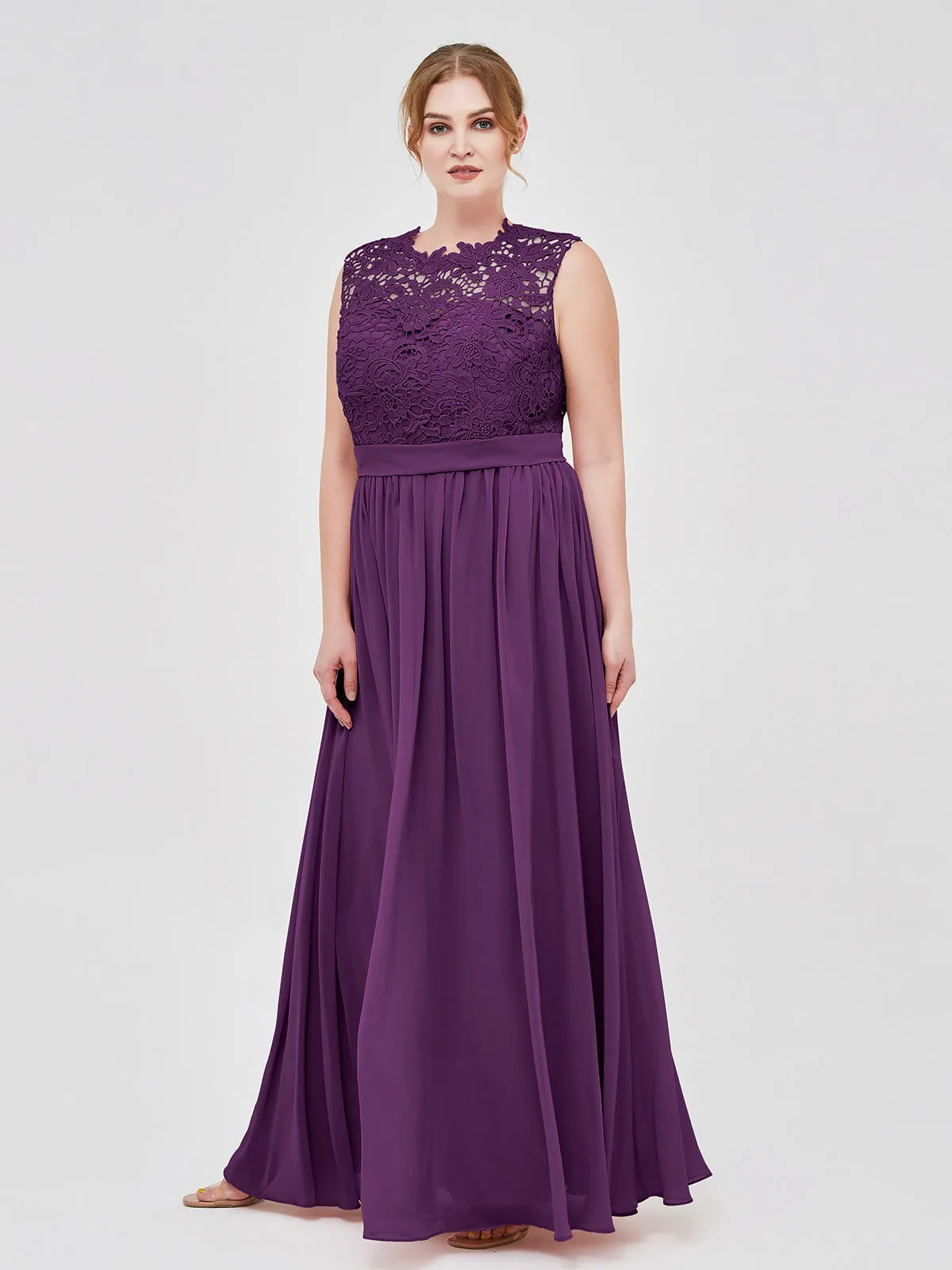 Illusion Neck Chiffon and Lace Dresses Grape