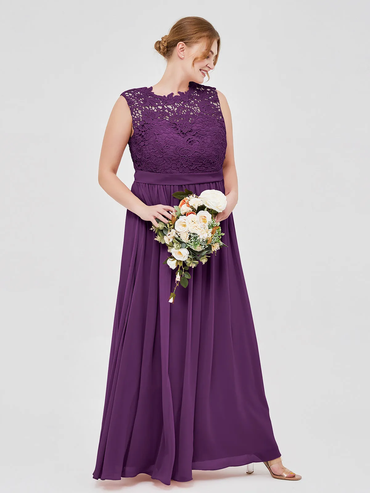 Illusion Neck Chiffon and Lace Dresses Grape