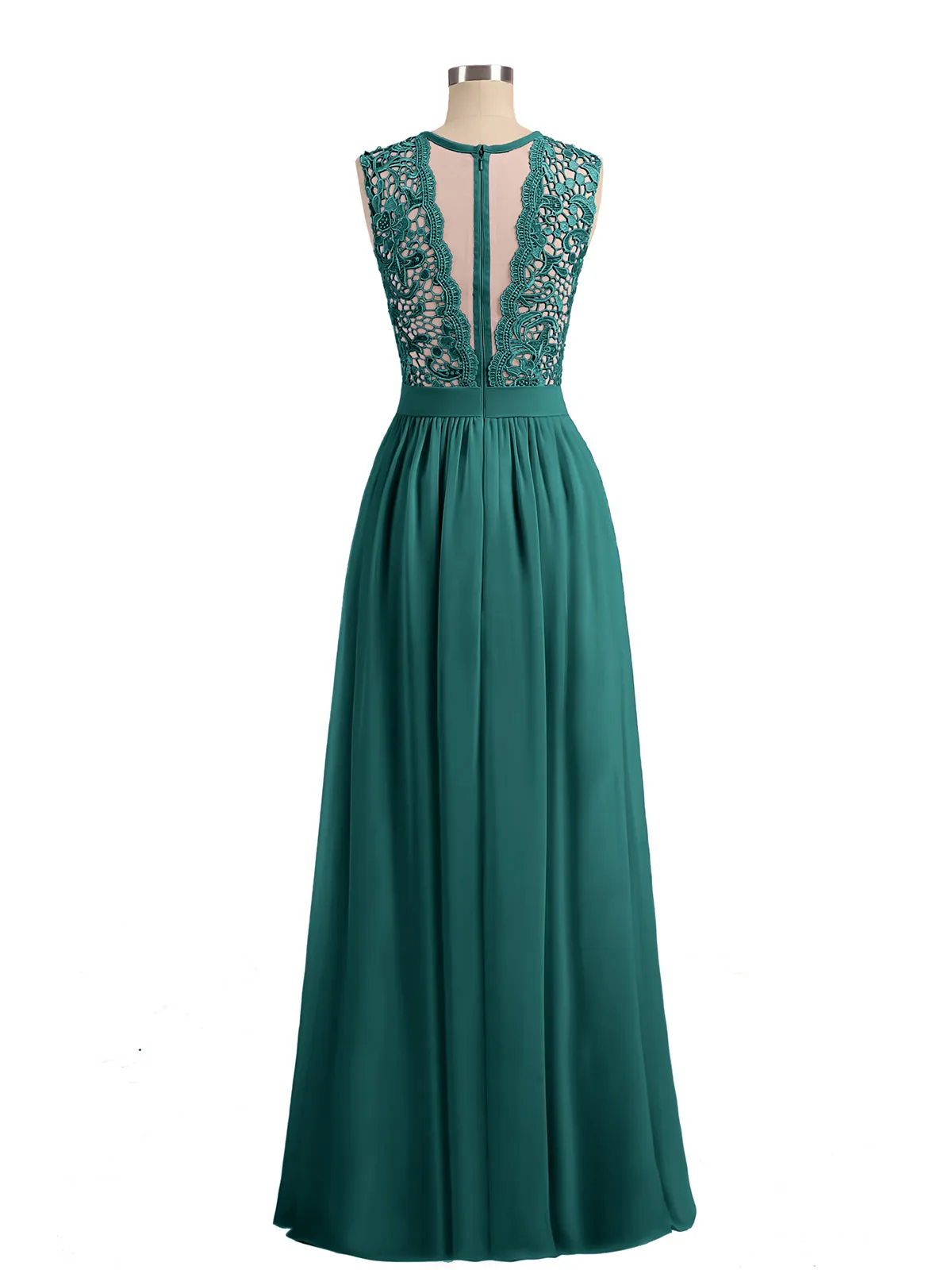 Illusion Neck Chiffon and Lace Dresses Peacock