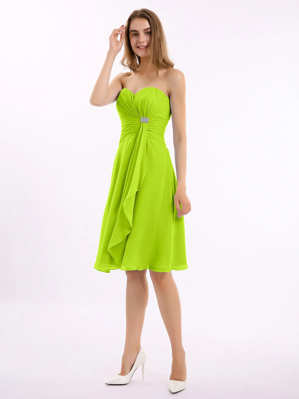 Knee Length Chiffon Dress with Sweetheart Neck-Lime Green