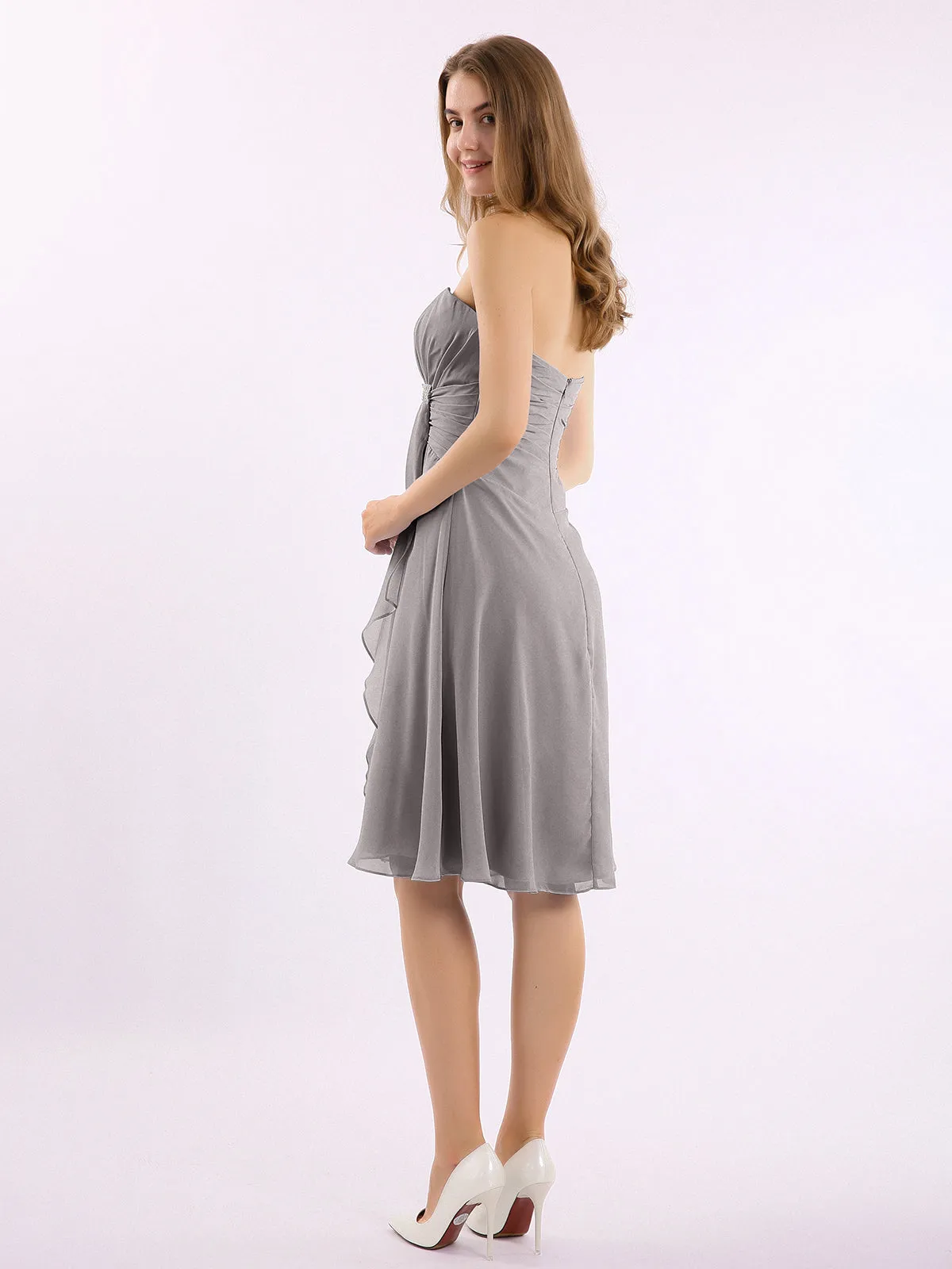 Knee Length Chiffon Dress with Sweetheart Neck-Silver Plus Size