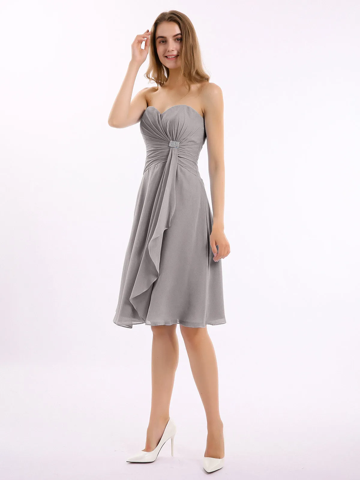 Knee Length Chiffon Dress with Sweetheart Neck-Silver Plus Size