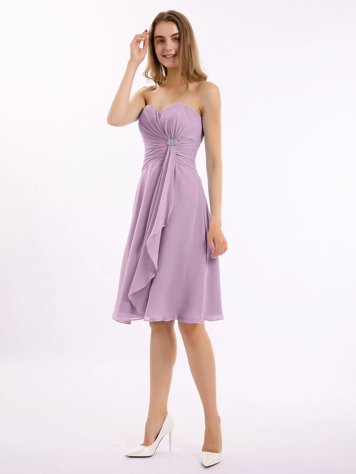 Knee Length Chiffon Dress with Sweetheart Neck-Wisteria