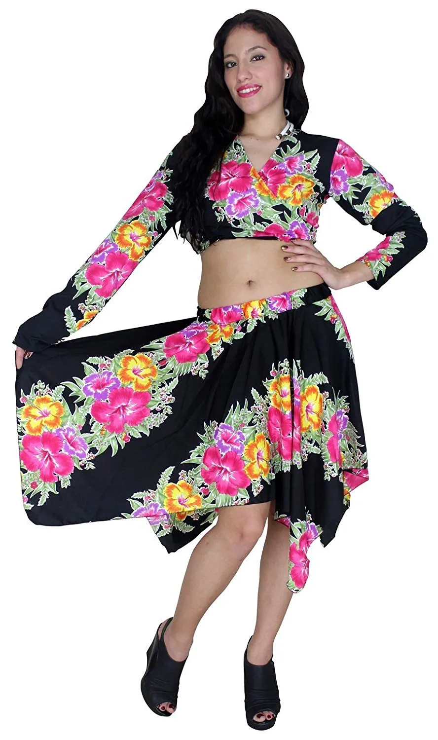 LA LEELA Beach Cover ups Likre Floral Printed Long Sleeve Top Skirt