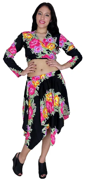 LA LEELA Beach Cover ups Likre Floral Printed Long Sleeve Top Skirt