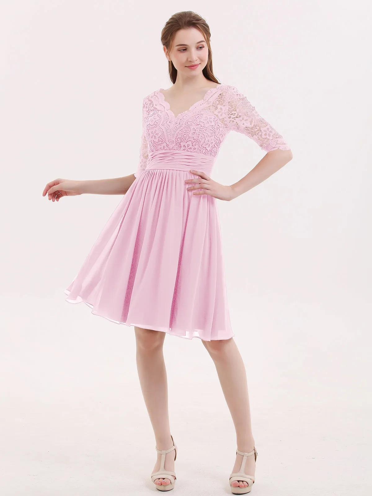 Lace and Chiffon Short Dress with Half Sleeves Candy Pink