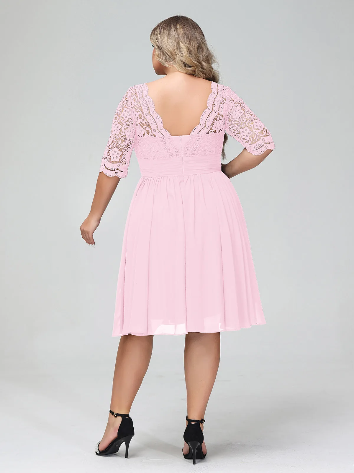 Lace and Chiffon Short Dress with Half Sleeves Candy Pink