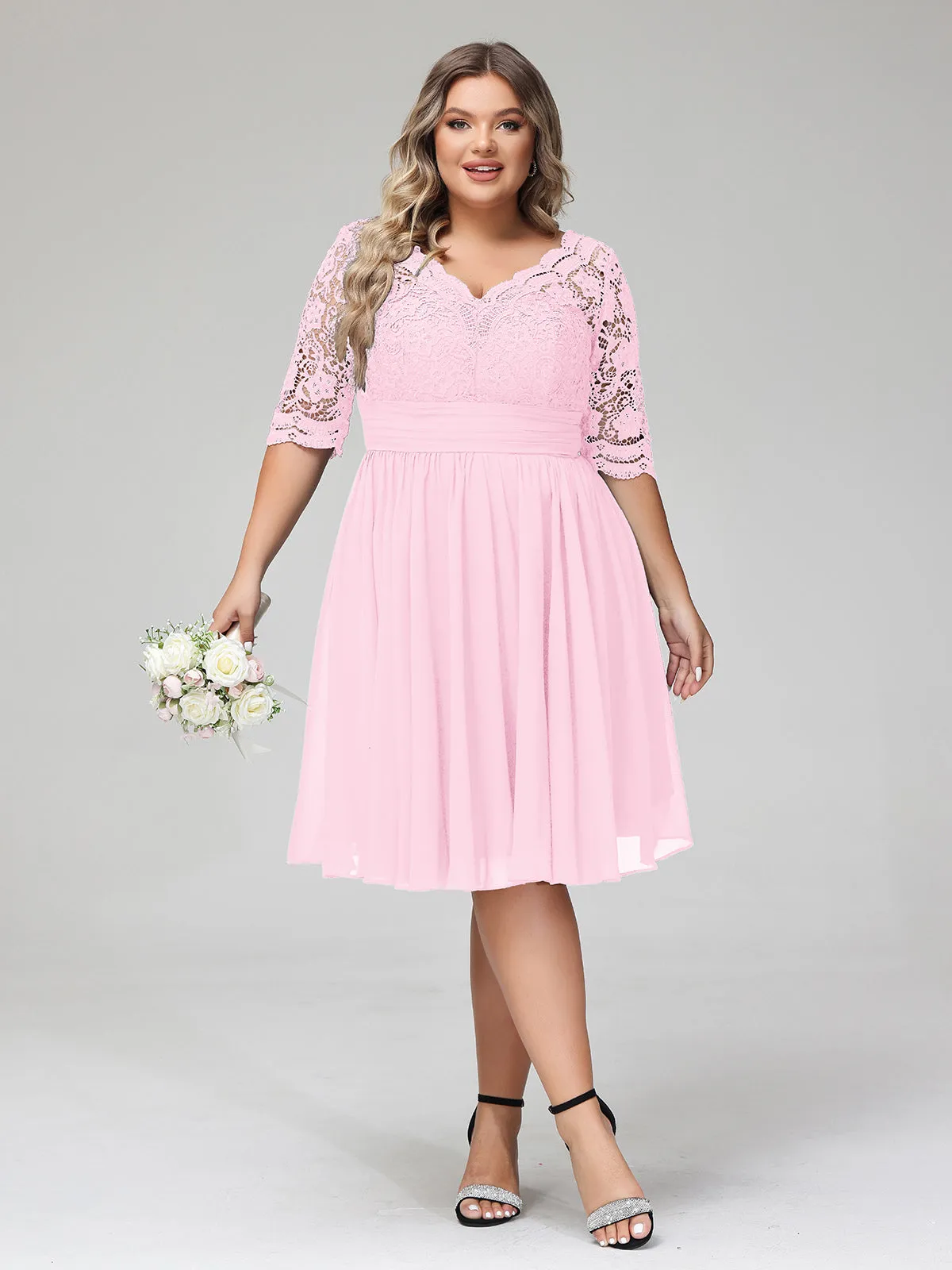 Lace and Chiffon Short Dress with Half Sleeves Candy Pink