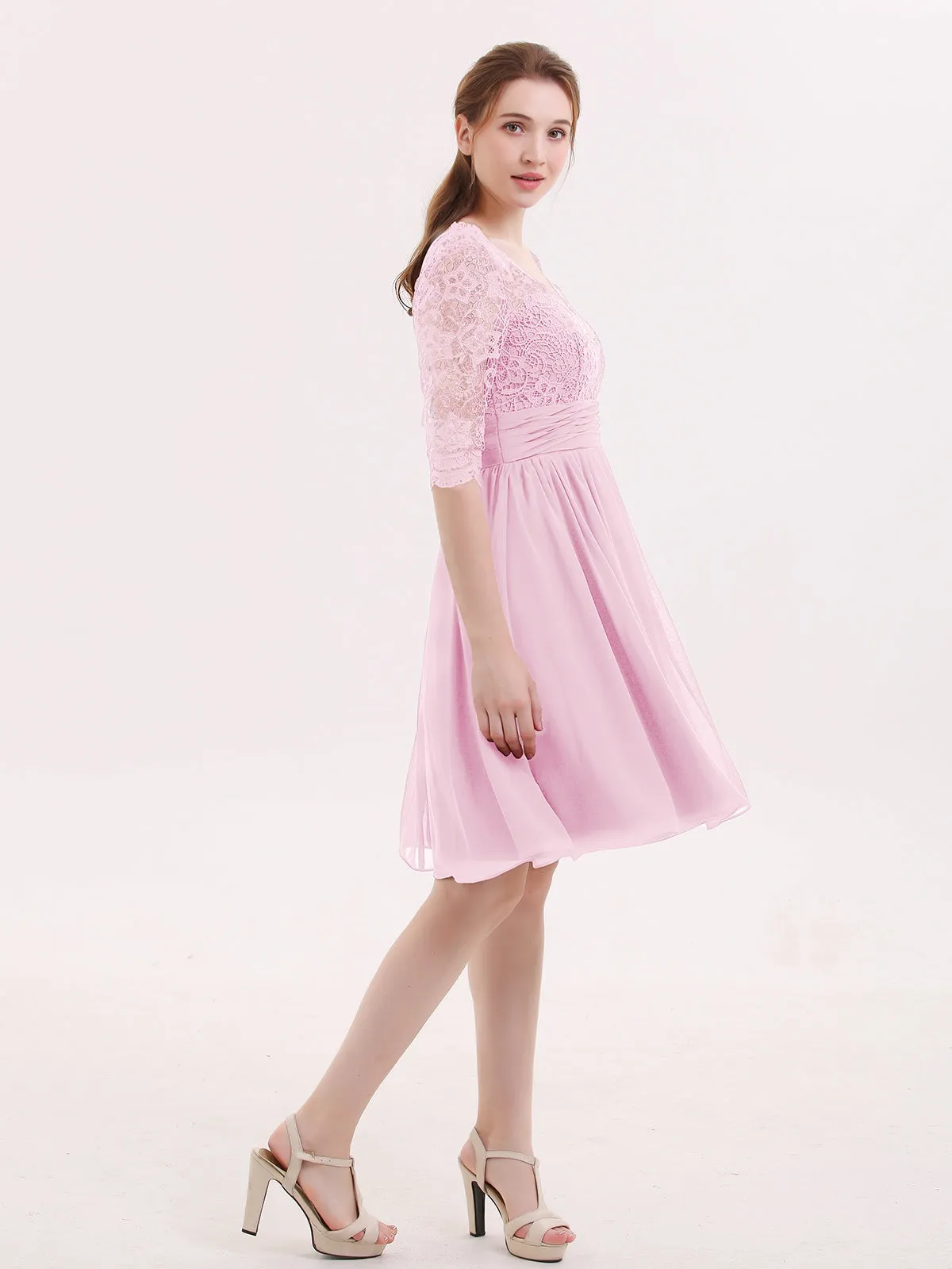 Lace and Chiffon Short Dress with Half Sleeves Candy Pink