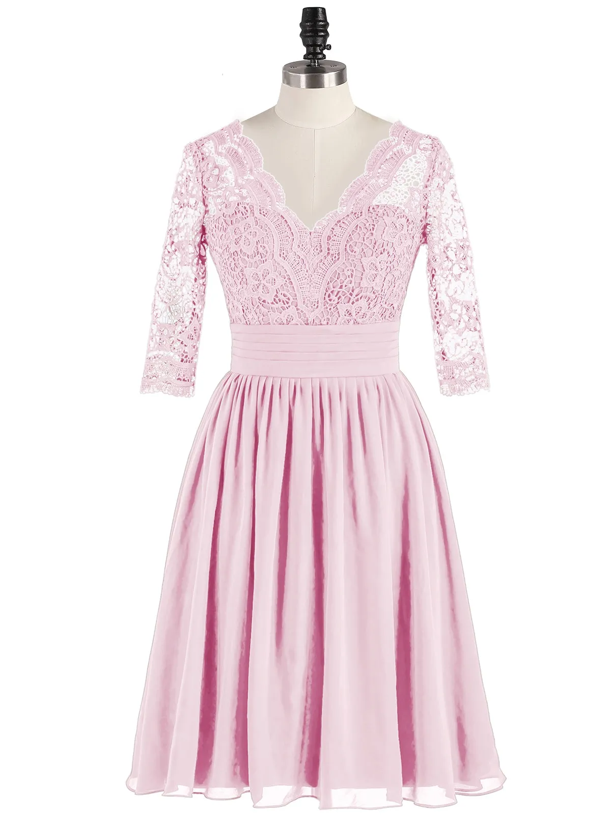 Lace and Chiffon Short Dress with Half Sleeves Candy Pink